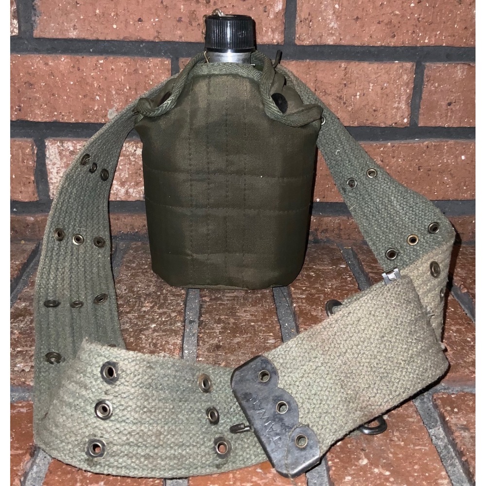 Vintage Military Style Aluminum Canteen with Olive Drab Canvas Belt and Cover
